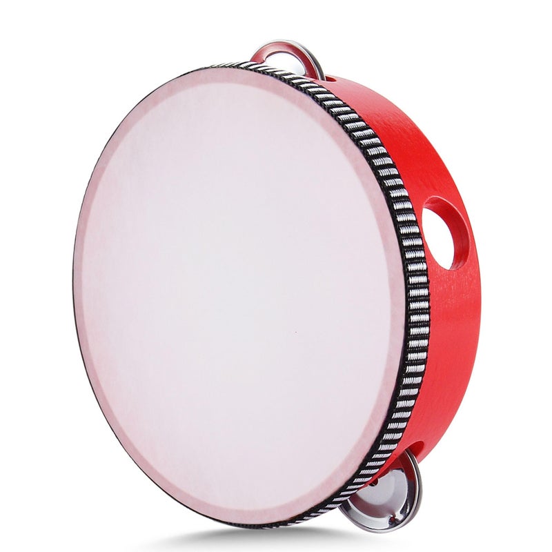 Flexzion Wooden Round Tambourine for Adults 6" Inch Single Row 8 Pair Jingles, Red Handheld Percussion Instrument for Beginner and Professional Tambourine Player - Image 1